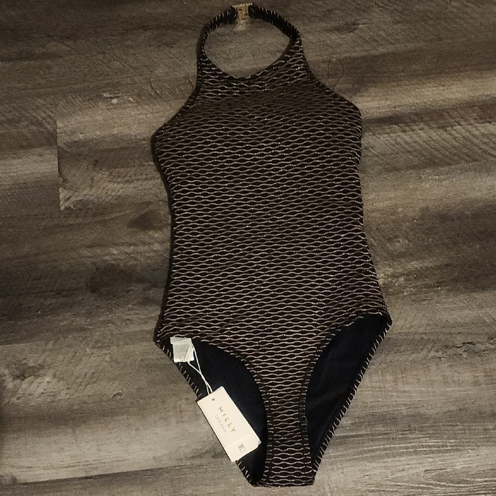 Milly Black and Gold Jackie Textured Waves Halter One Piece Size P